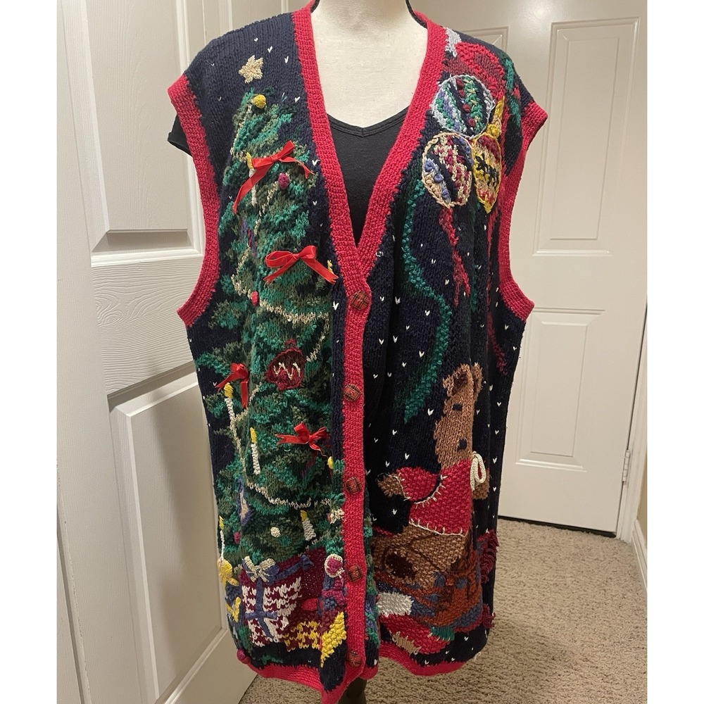 Vtg. Honors Plus 26W / 28W Sweater Vest Blue Knitted Christmas Ugly Sweater Bear